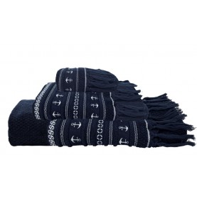 Serviettes de bain 3 tailles bleu marine à franges