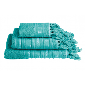 Serviettes de bain 3 tailles en coton turquoise et rayures blanches
