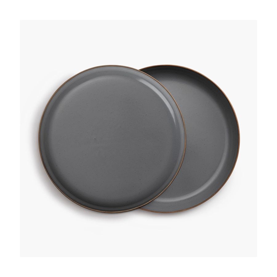 Assiettes plate 28 cm grises émaillées et cerclage bronze