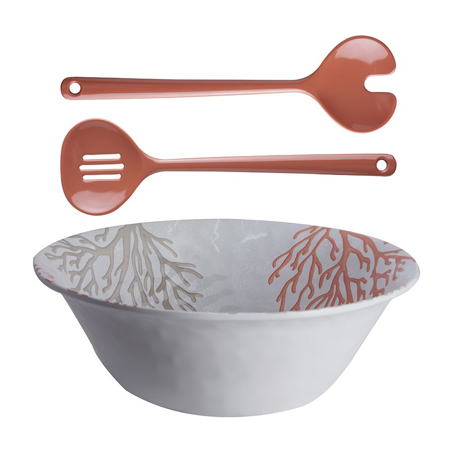 Saladier blanc à motifs coraux et ses couverts - 2 coloris